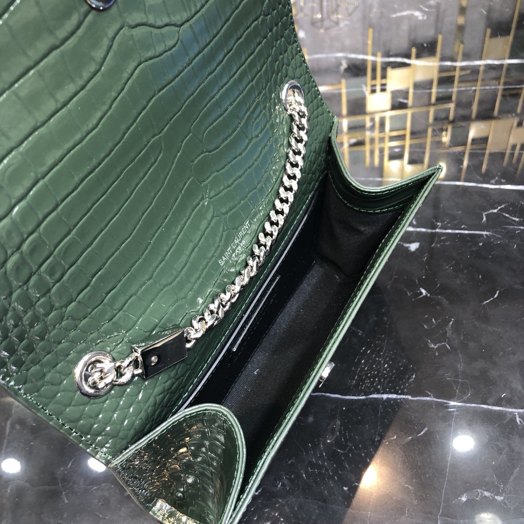 Saint Laurent Kate Tassel Small Crocodile Embossed Calfskin Shoulder Bag Handbag Army Green 474366 Silver